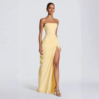 Women Sexy Solid Pleated Strapless Dress Lady Chic Off-shoulder Backless High Waist Split Dresses 2026 New Evening Party Gown