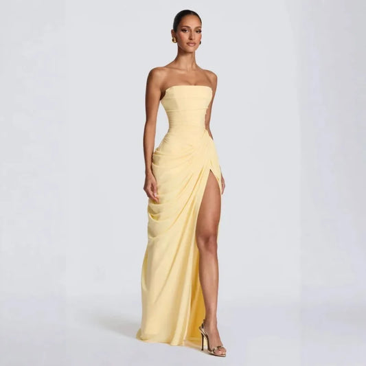 Women Sexy Solid Pleated Strapless Dress Lady Chic Off-shoulder Backless High Waist Split Dresses 2026 New Evening Party Gown