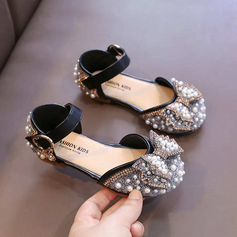 Cute Rhinestone Decorated Girls Shoes, Sweet Princess Style Flats for Wedding & Party, Soft Leather Children’s Dress Sandals