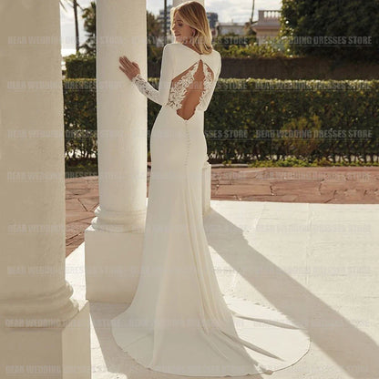 Sexy Elegant Wedding Dresses Woman's Mermaid Long Sleeve Train Sexy V Neck Backless Satin Bride Gowns Vestidos Novia Customized