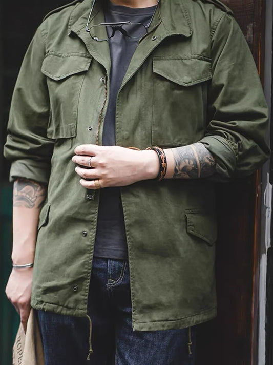 Field Jacket, Men's Military Jacket, Retro Multi Pocket Collar Zipper Jacket, 100% Cotton