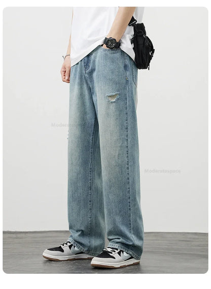 Korea Baggy Jeans Men's Vintage Straight Ripped Y2k Pants Fashion Frayed High Street Distressed Denim Trousers Male Clothes