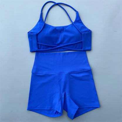 Yoga Shorts Set Gym Two Piece Sports Set Women Workout Outfit Fitness Suit Cross Straps Bra High Waist Shorts Running Tracksuit