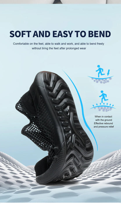 Men's Summer Steel Toe Safety Shoes Anti-Crush And Piercing Breathable Lightweight Outdoor Pure Black Work Shoes