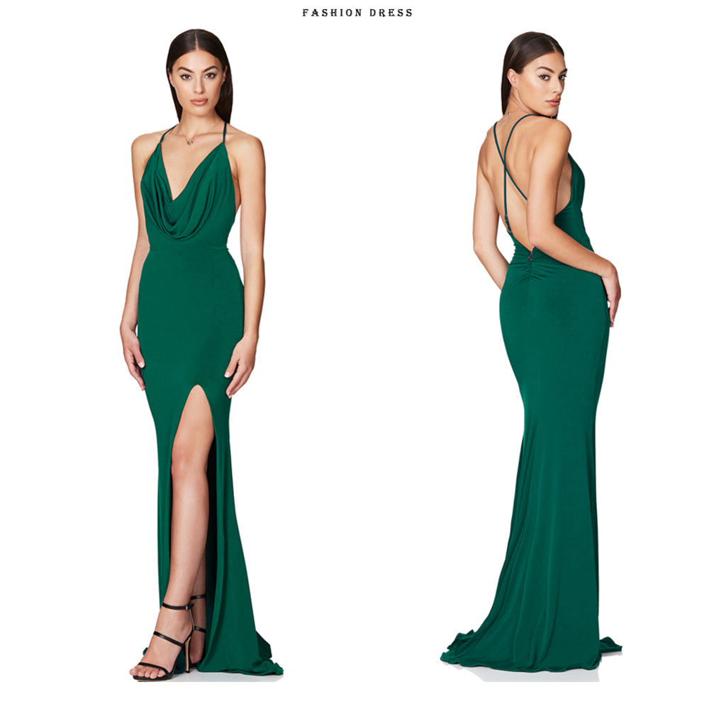Cowl Neck Backless Cross Straps Split Stretch Bridesmaids Dress Wedding Guest Mermaid Sleeveless Slim Party Evening Gown