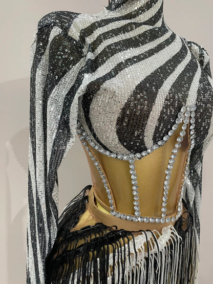 2025 New Shiny Diamond Sequin Tassels Sexy Mesh Long Sleeved Two Piece Set Women Evening Birthday paty Nightclub Stage Costume