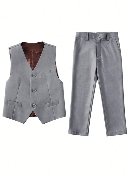 4pcs/set Boys' Suit Set With Pants, Vest, Shirt And Tie School Uniforms