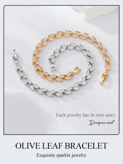 White Gold Plated Sparkling Cubic Zirconia Classic Olive Leaf Bracelet, Gold Bracelets for Women Fashion Jewelry YIB069