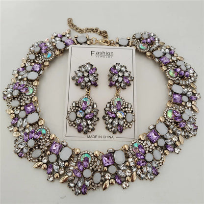2025 New Fashion Crystal Rhinestones Large Collar Choker Necklace Earrings Women Jewelry Sets Indian Statement Wedding Necklace