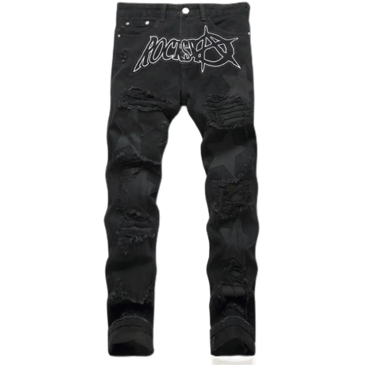 Punk Style Men's Slim Fit Straight Leg Denim Jeans Black Hole Patch Embroidery No Stretch Fashion Urban Casual Cotton Polyest...