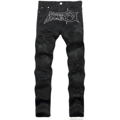 Punk Style Men's Slim Fit Straight Leg Denim Jeans Black Hole Patch Embroidery No Stretch Fashion Urban Casual Cotton Polyest...