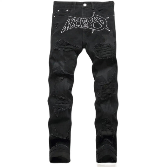 Punk Style Men's Slim Fit Straight Leg Denim Jeans Black Hole Patch Embroidery No Stretch Fashion Urban Casual Cotton Polyest...