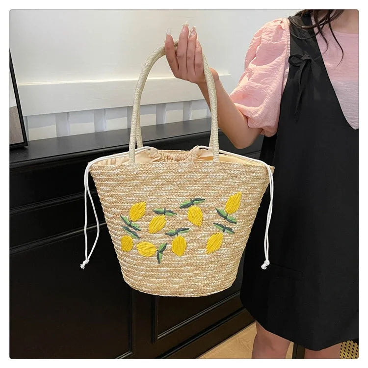 Embroidery Fruit Solid Color Shoulder Bag Straw Woven Hollow Versatile 2025 High Quality Bags for Women New Beach Handbags