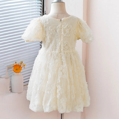 New Summer Teenager Girl Dress Solid Color Short Puff Sleeves Square Collar 3D Flower Sequined Baby Princess Dresses 2025