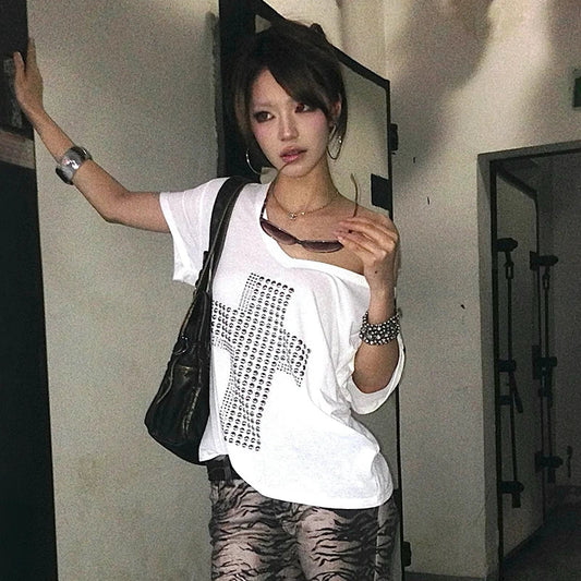 Japanese Y2k Metal Cross Print T-shirt Trashy 2000s V-neck Sheer Tops Vintage Harajuku Short Sleeve Streetwear Grunge