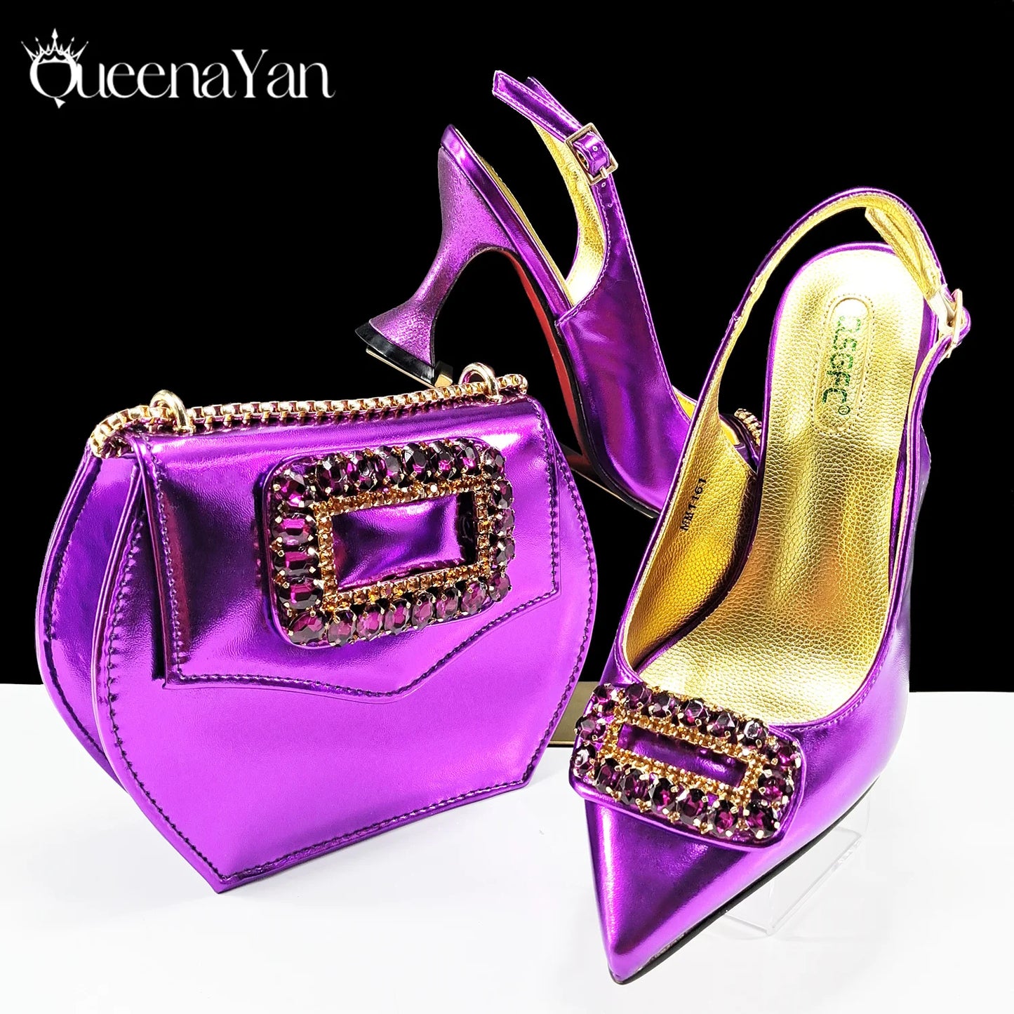 New Arrival Mature Style Purple Color Party Wedding Pointed Toe High Heel Women Shoes and Bag Set Decorated With Rhinestoe