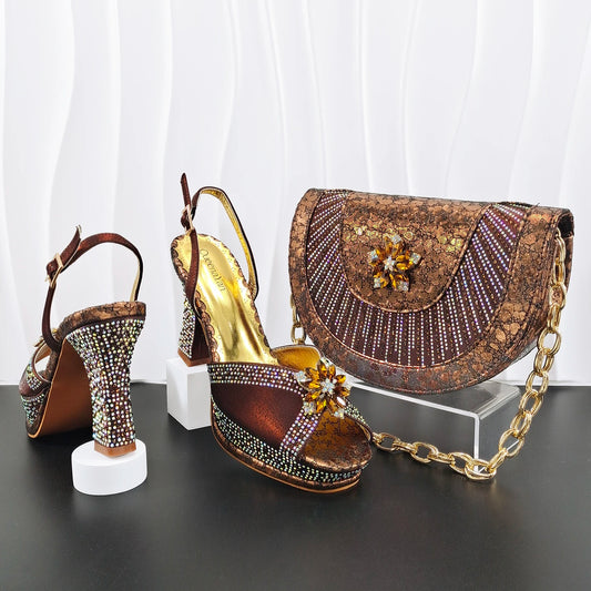 Brown Color Marture Party Wedding Peep Toe bigger size Ladies High Heels and Bag Set Decorated With Colorful Rhinestone