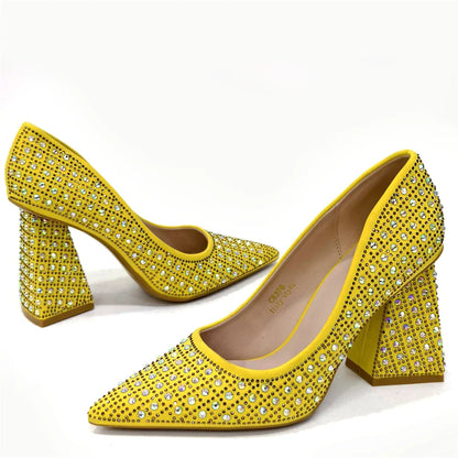 Nigerian Heel Party for Women Yellow Shoes and Bag Set Rhinestone Handbag Italian Design Wedding
