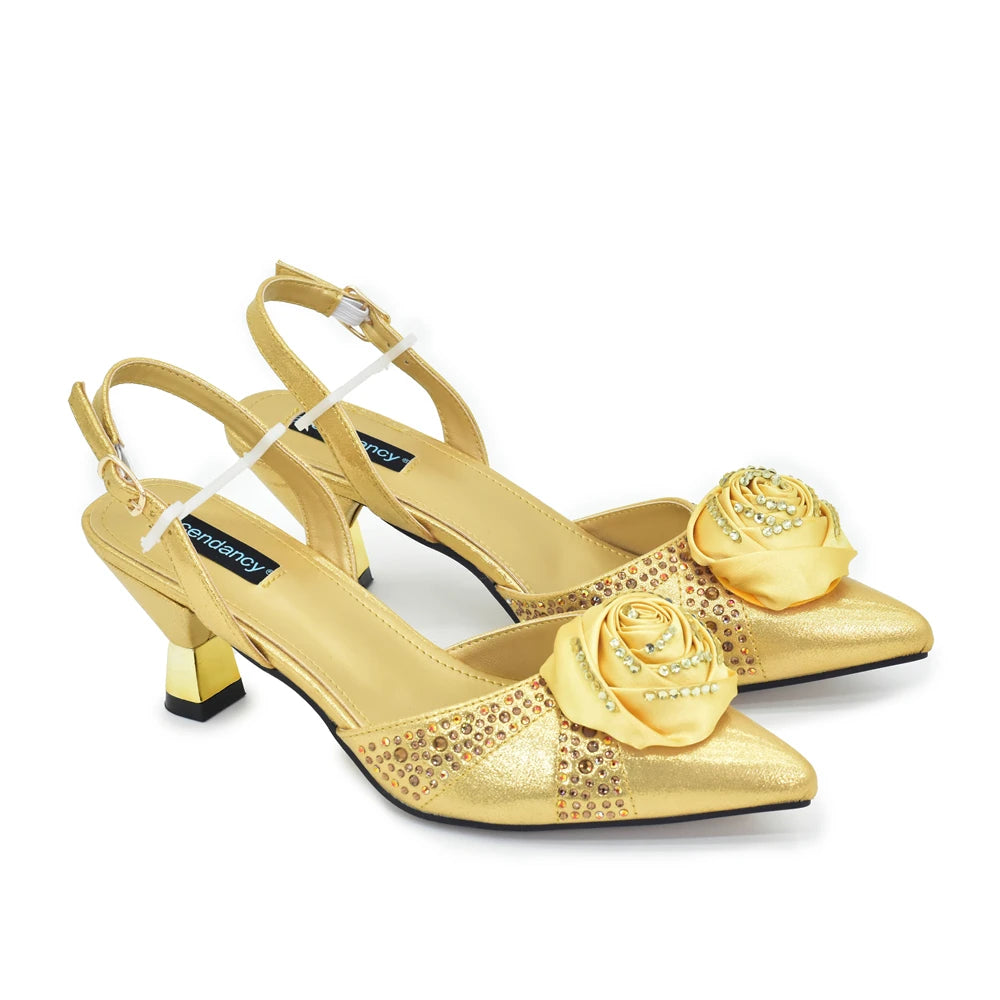 Luxury Italian Shoes and Bag Set for Women Pointed Toe High Heels Party Dress Female Pumps Decorated with Handmade Flowers