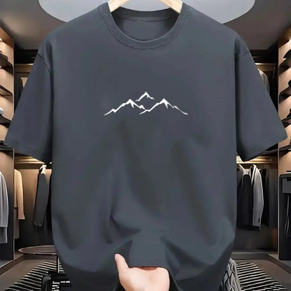 Men's summer 100% pure cotton fashionable casual loose sports mountain pattern printed round neck short sleeved T-shirt top