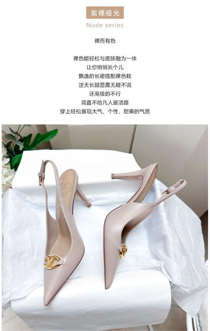 Thin heeled Baotou sandals for women's summer 2026 new style, pointed back strap, metal buckle, versatile high-heeled sandals