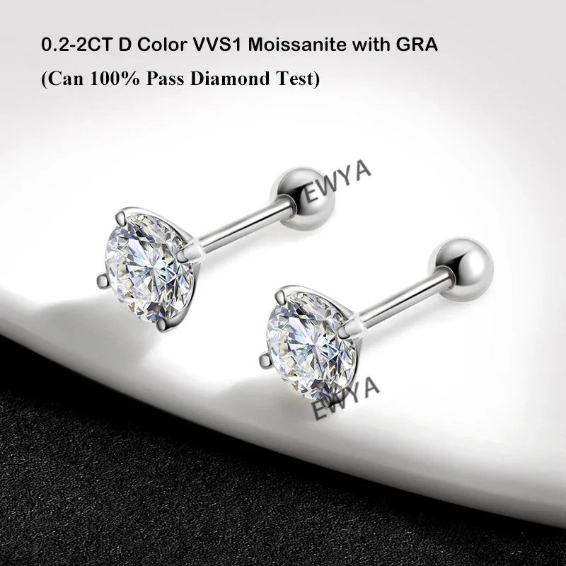4 Prong 0.2-2ct D Color Moissanite Screw Earrings for Women Wedding Fine Jewelry S925 Silver Diamond Earring Ear Studs Gift