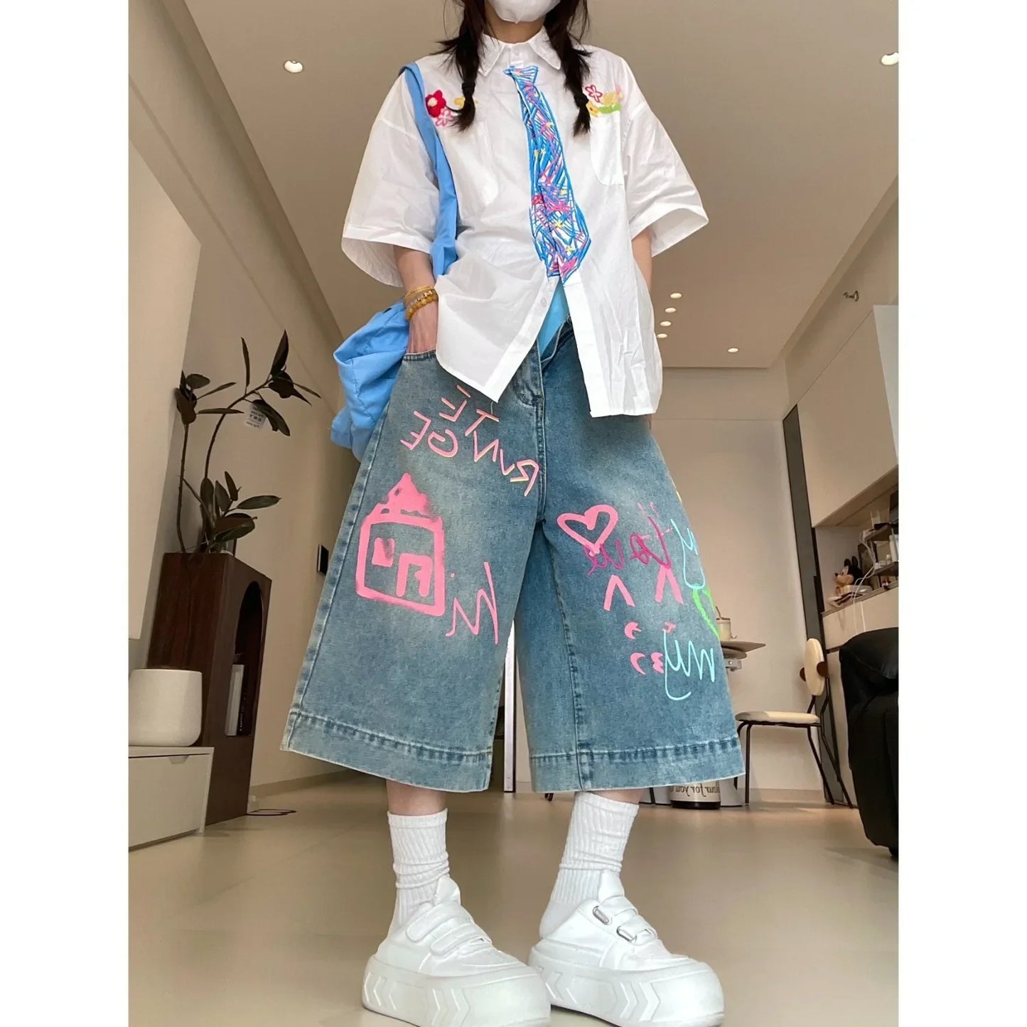 High Waist Straight Leg Loose Fit Seven Inch Short Pants
