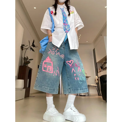 High Waist Straight Leg Loose Fit Seven Inch Short Pants