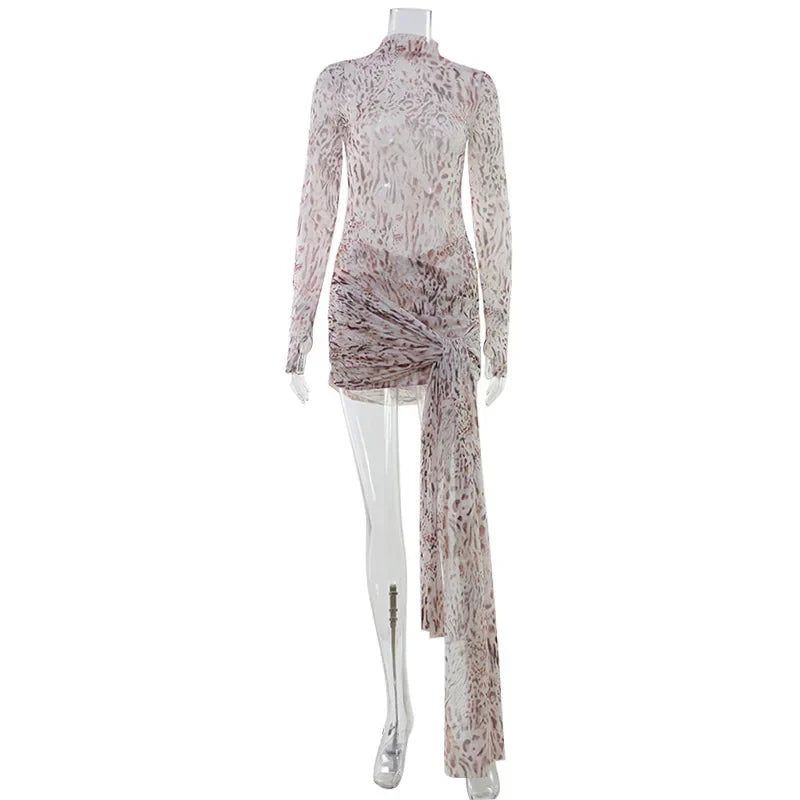 Sexy Sheer Women'Mini Dresses Turtleneck Print Regular Long Sleeves Ribbon Sheath Bodycon Casual Streetwear Female Robe