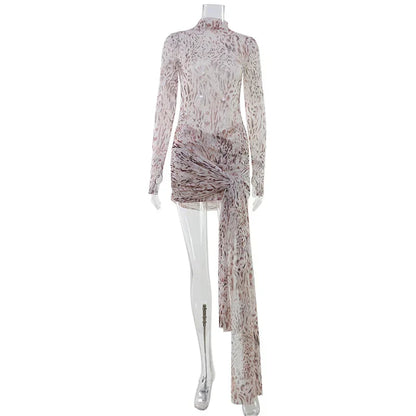 Sexy Sheer Women'Mini Dresses Turtleneck Print Regular Long Sleeves Ribbon Sheath Bodycon Casual Streetwear Female Robe