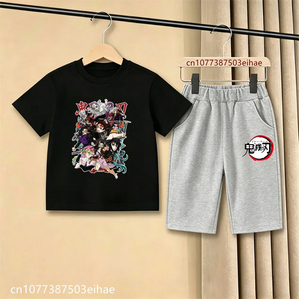 Demon Slayer Ghost Blade Character Print Kids T-Shirt Casual Shorts Anime Comic Design Summer Comfortable Daily Wear Outfit Set