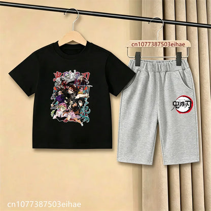 Demon Slayer Ghost Blade Character Print Kids T-Shirt Casual Shorts Anime Comic Design Summer Comfortable Daily Wear Outfit Set