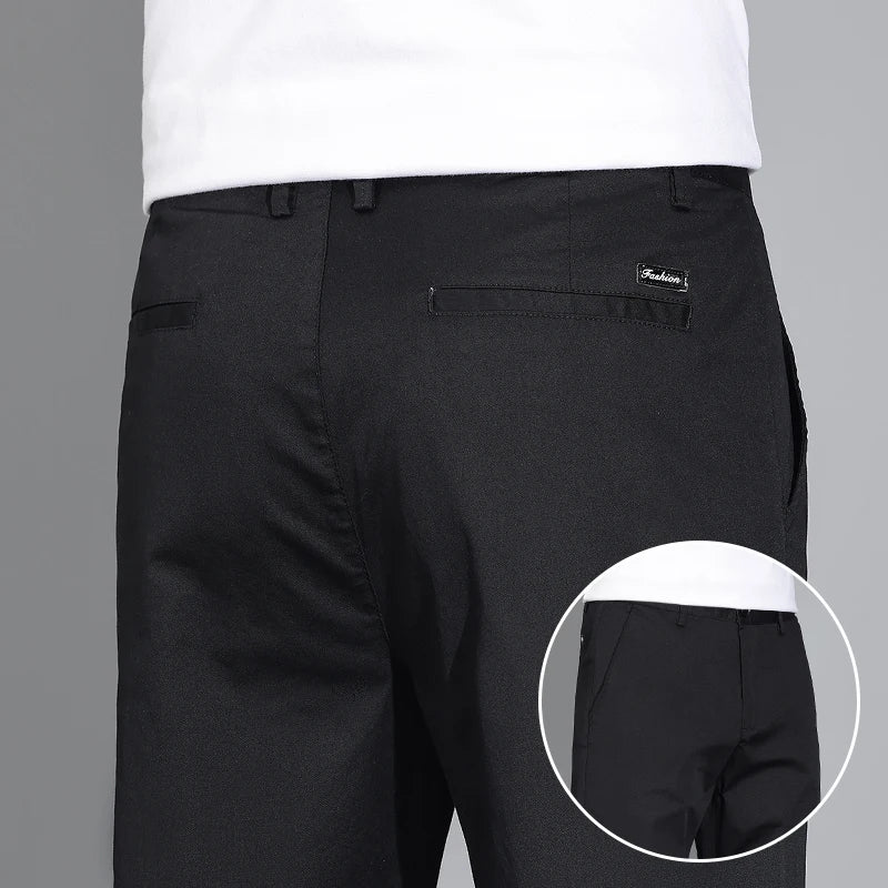 New Men's Business Cotton Thin Straight Pants Casual Elastic Slim Comfortable Male Brand Trousers Black Gray Khaki Royal Blue