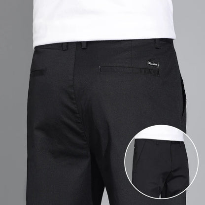 New Men's Business Cotton Thin Straight Pants Casual Elastic Slim Comfortable Male Brand Trousers Black Gray Khaki Royal Blue