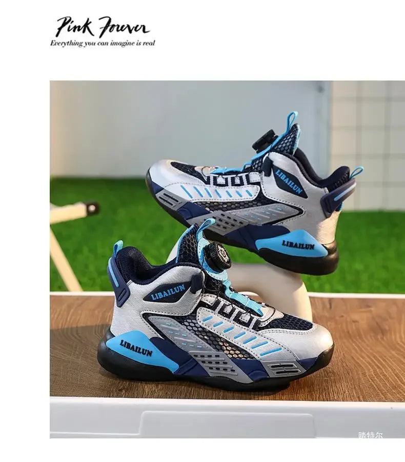 Kids Sneakers Basketball Shoes Boys Spring Fashion Rotating Button Anti-slip Shock Absorption School Students Sports Shoes