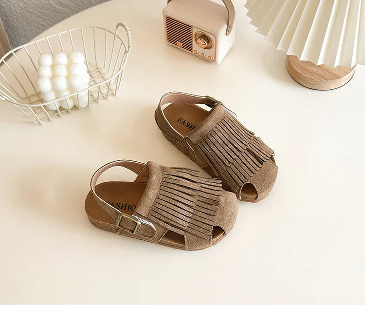 Summer Anti-Slippery Kids Suede Sandals for Girls Non-Slip Closed Toe Toddler Beach Shoes with Cute Tassels School Casual Wear
