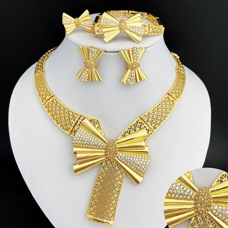 Conjunto de Joias Femininas Banhadas a Ouro 18k, Design Clássico, Colar, Brinco, Pulseira e Anel, Conjunto de 4 Peças, Joias para Festa de Casamento, Itália