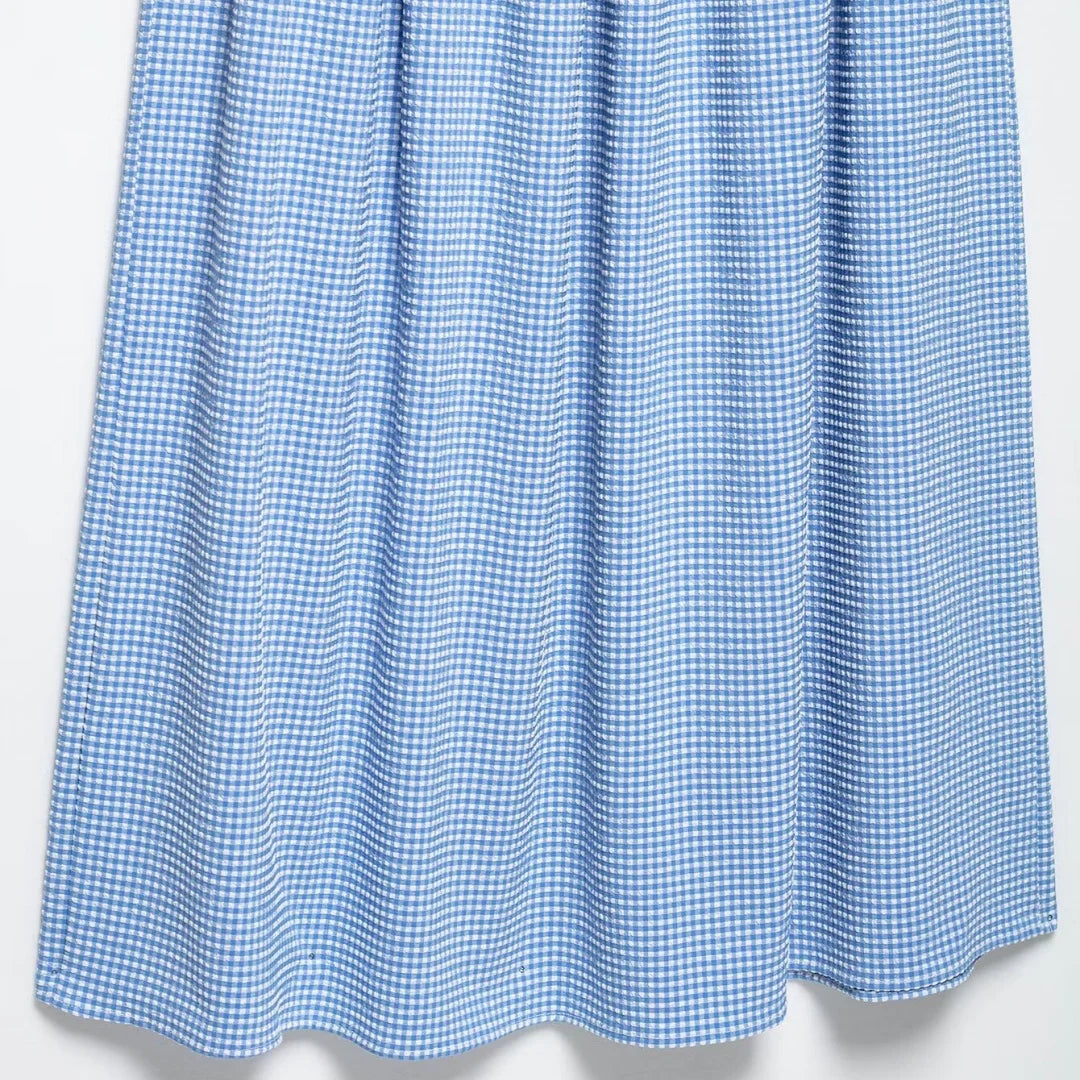 Dress for Women Fashion Summer New Plaid Fold Sleeveless O-neck Midi Vest Dresses French Chic Female Evening Clothing