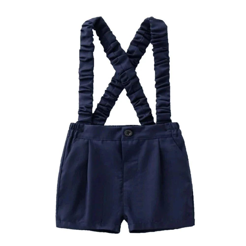 Summer Children's Clothing Short Sleeve Lapel Wrinkle Shirt with Solid Overalls Boy Gentleman Wedding Costume Cotton Kid Suit