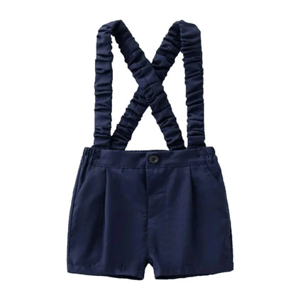 Summer Children's Clothing Short Sleeve Lapel Wrinkle Shirt with Solid Overalls Boy Gentleman Wedding Costume Cotton Kid Suit