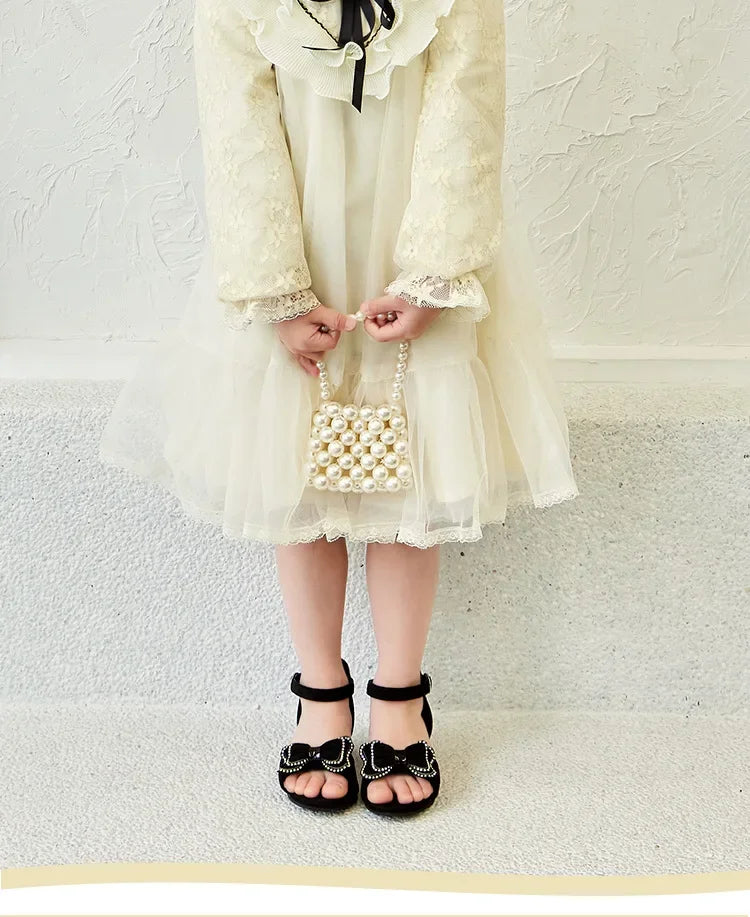 Girls Leather Shoes Anti Slip Summer Korean Style Children Fashionable Low Heels Hook & Loop Elegant Princess Mary Janes Wedding