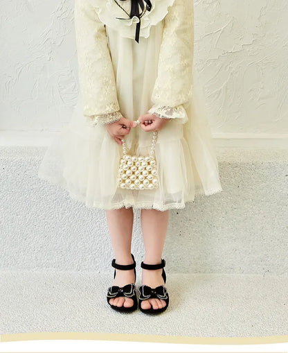 Girls Leather Shoes Anti Slip Summer Korean Style Children Fashionable Low Heels Hook & Loop Elegant Princess Mary Janes Wedding