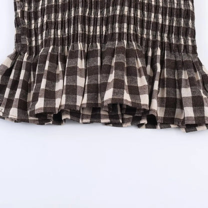 2025 Vintage Chic Brown Plaid Shirts Women Long Sleeve Blouses Fold Fashion Casual Elegant Women Tops Y2k