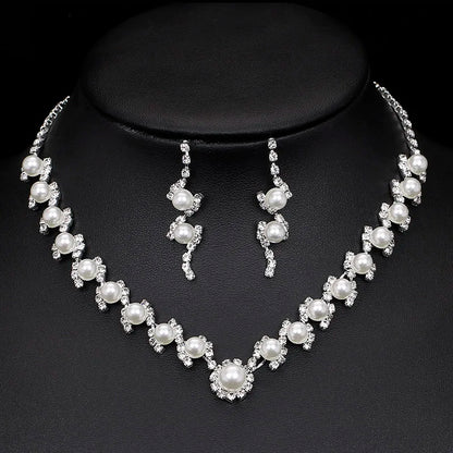 Silver Color Pearl Crystal Bridal Jewelry Sets Wave Shape Choker Necklace Earrings Sets for Women Wedding Jewelry Sets