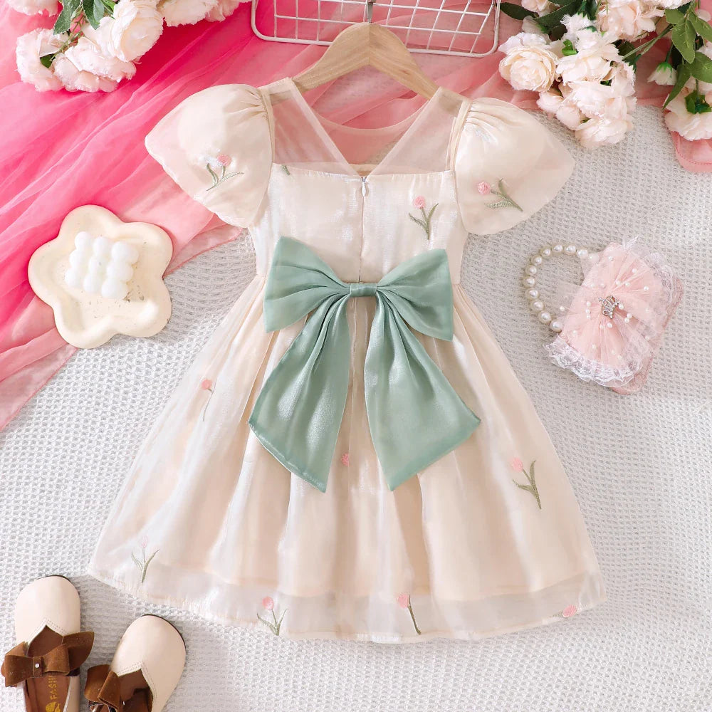 Girls' Summer Bubble Sleeves Mesh Flower Embroidered Princess Skirt Dress