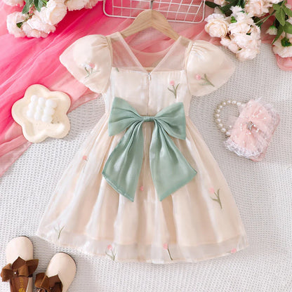 Girls' Summer Bubble Sleeves Mesh Flower Embroidered Princess Skirt Dress