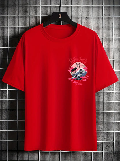 Men's summer 100% cotton Tokyo casual pattern printed fashionable and casual loose round neck short sleeved T-shirt top