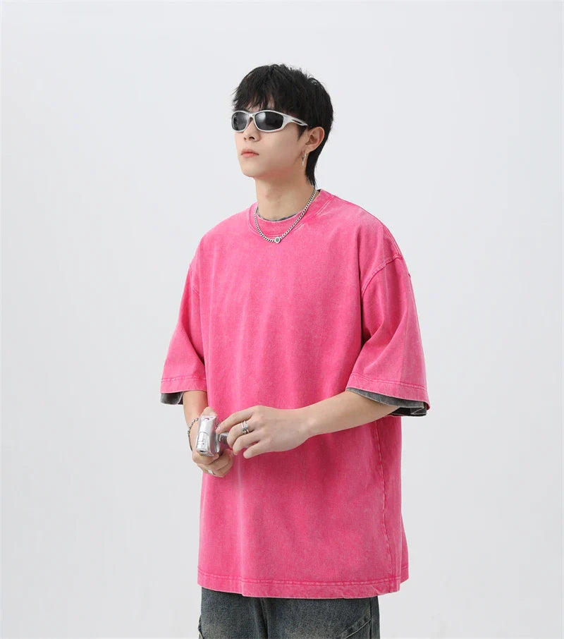 Japanese Korean Style Stir Fried Snowflake Washed T-Shirts Men Women Cotton Heavyweight Summer Hip Hop Streetwears Short Sleeved