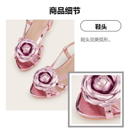 2025 Summer New Children's High Heels Fashion Flower Girls' Princess Sandals Silver Kid's Performance Dance Shoes 5-10 Years Old