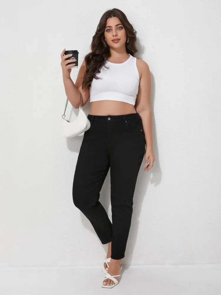 Plus Size Black Jeans Mid rise Ankle length Denim Trousers